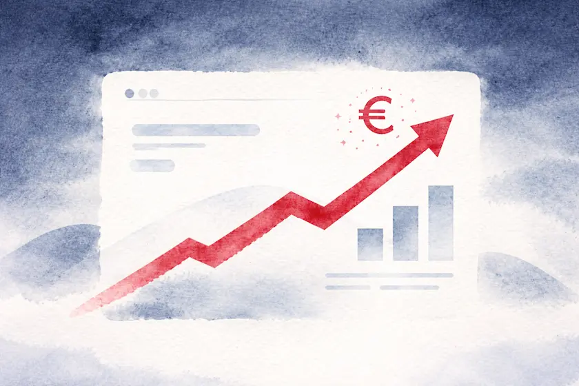 Abstracte watercolor illustratie van een browser en een opwaartse penseestreek — symbool voor inkomsten via je website